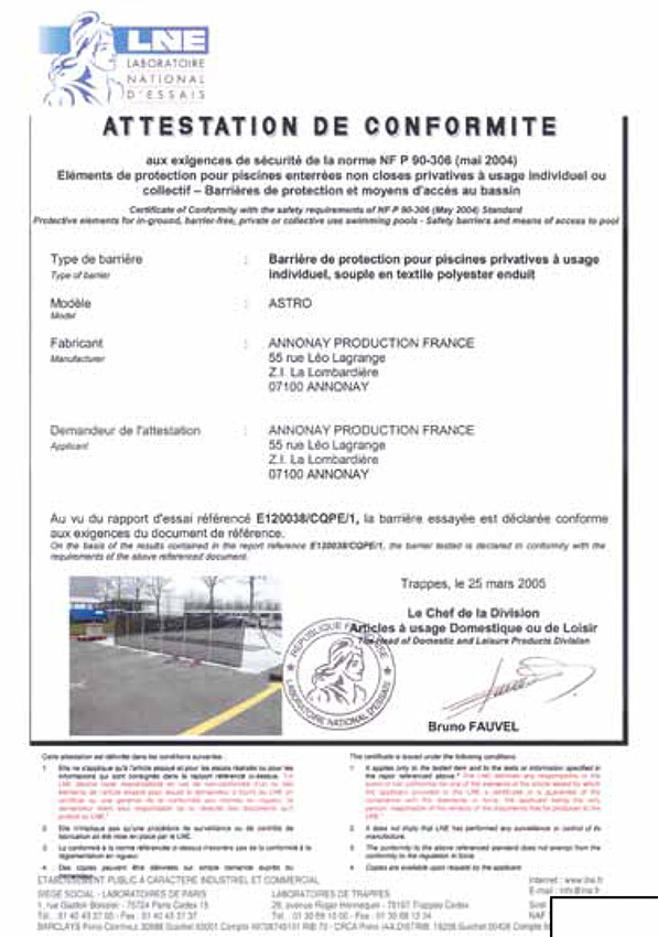 certificat de conformité barrière de sécurité pour piscine 02